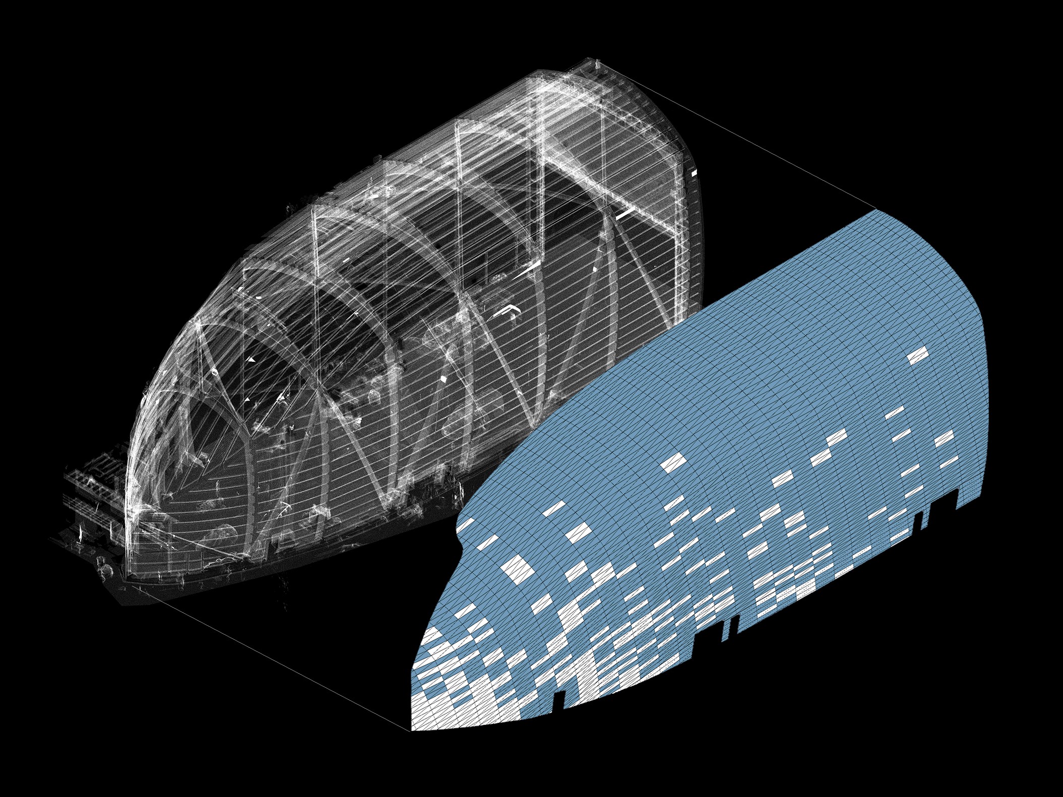 Point cloud data of the construction site with the design paneling of Breaking Wave overlayed