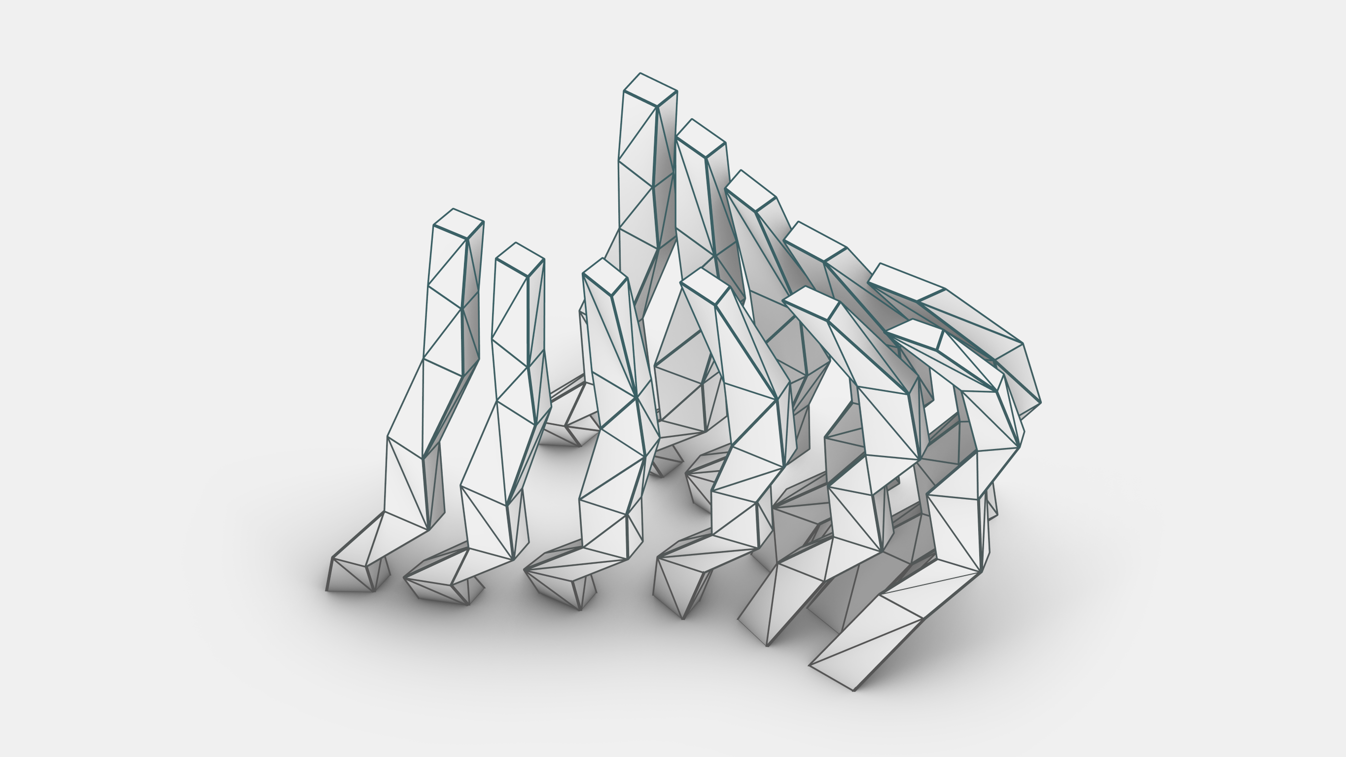 Clay render of the sculptural triangulated columns that compose Crystal Shards