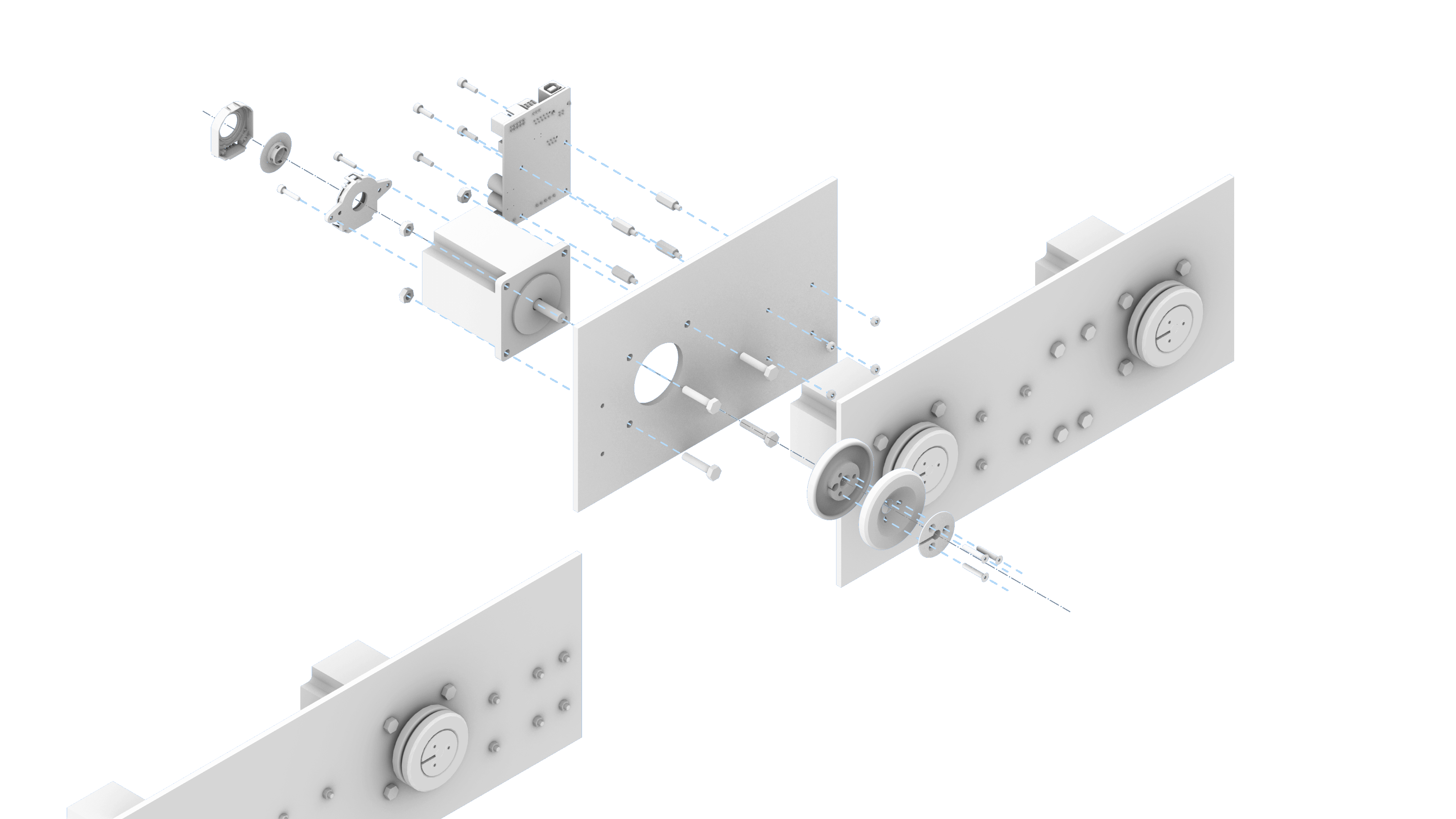 Axonometric exploded view of the main components of the unit module of Flying Dots 