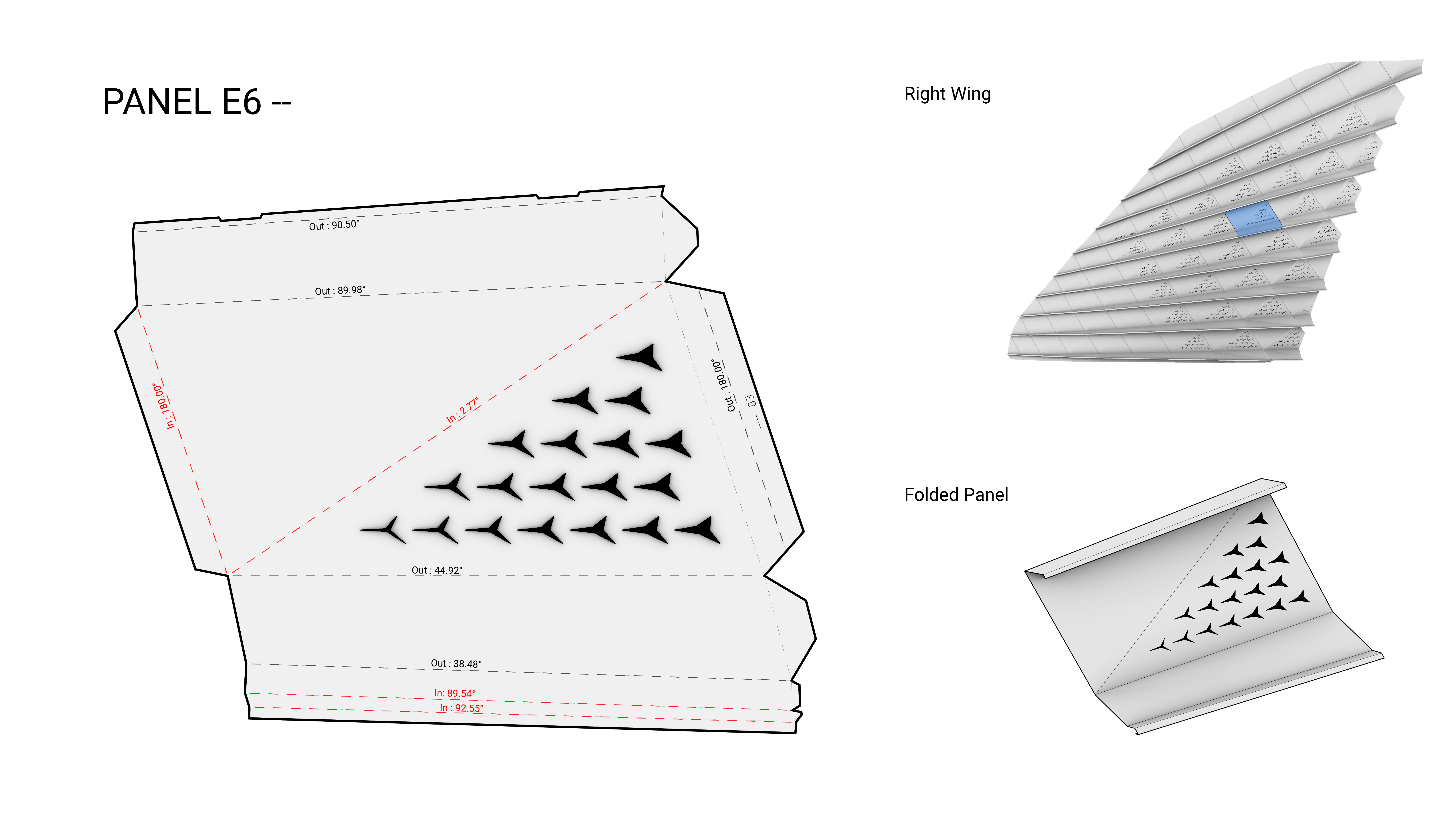 Aluminum panel with its fold angles and directions next to a 3D model of the same.